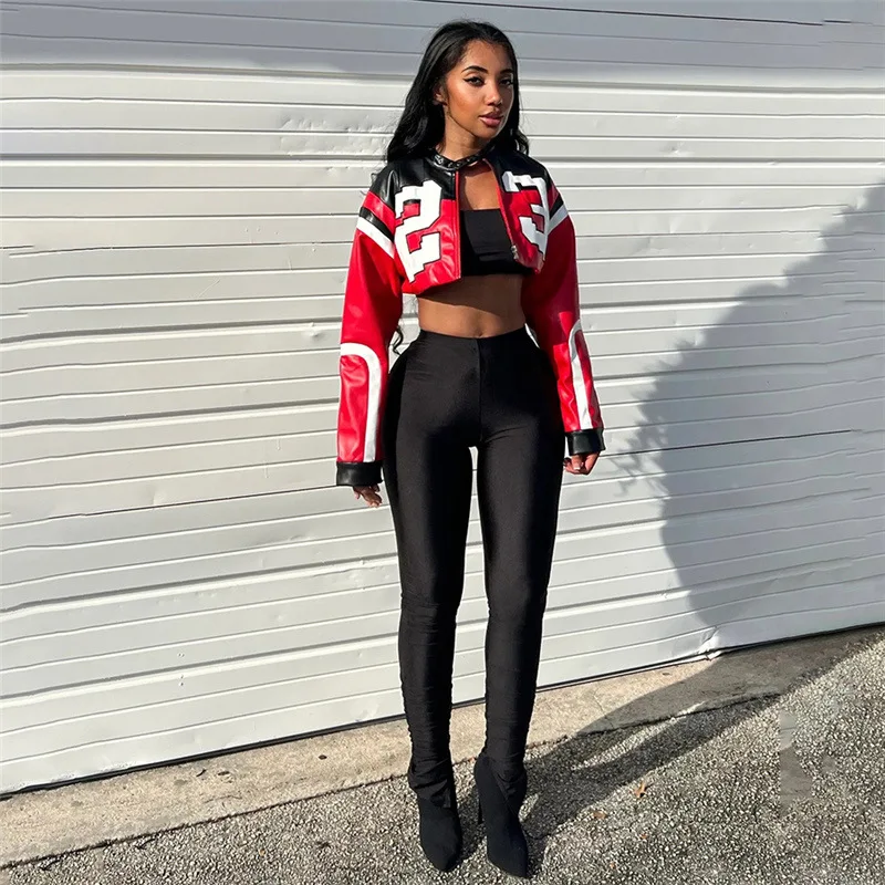 Sharee Hot Selling New Race Jacket Motorcycle Zip Up Streetwear Pu Cropped Color Blocking Leather Jacket Women