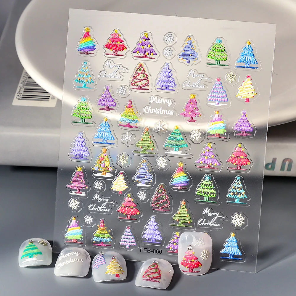 5D Christmas Snowflakes Nail Art Sticker Embossed Self Adhesive Cartoon Snowman Elk Bell Nail Decals Xmas Manicure DIY