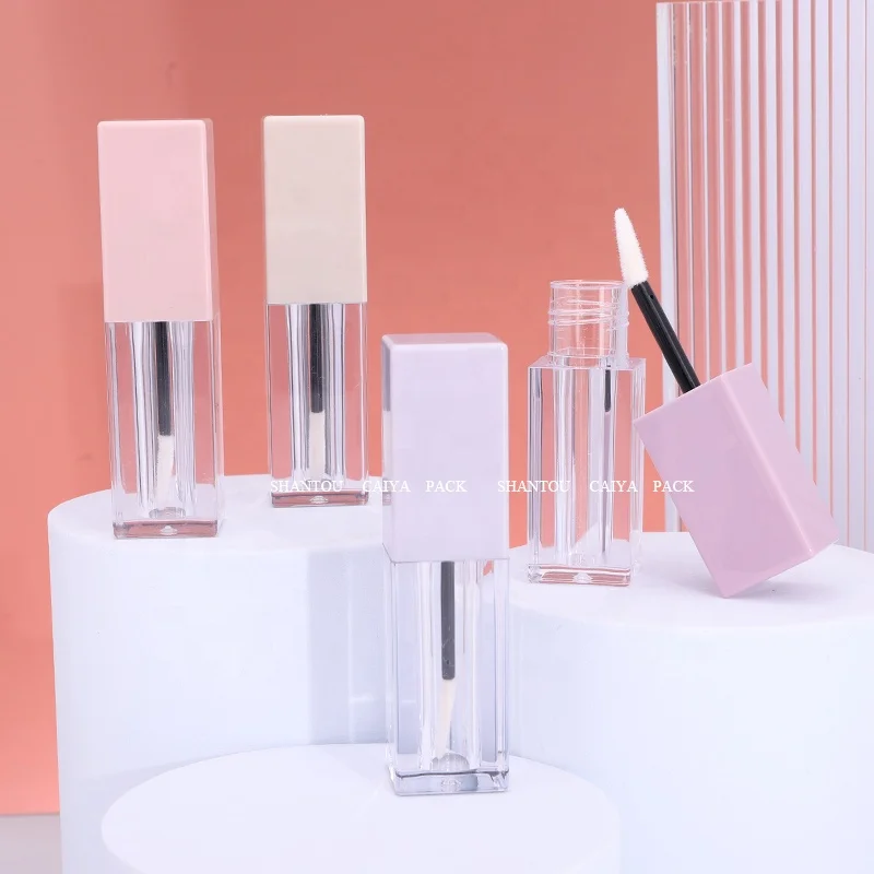 CAIYA 4ml luxury clear frost square rose gold pink lip gloss tubes with wands with stopper custom label lipstick container