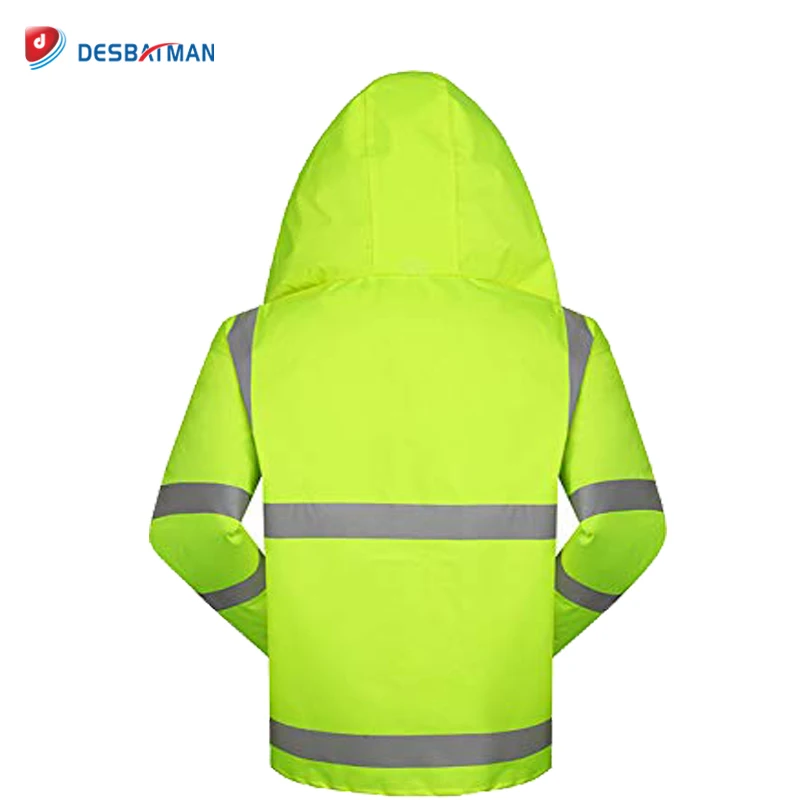 High Visibility Reflective Security Rain Jacket Hi Vis Safety Motorcycle Raincoat Hooded Waterproof Rainsuit