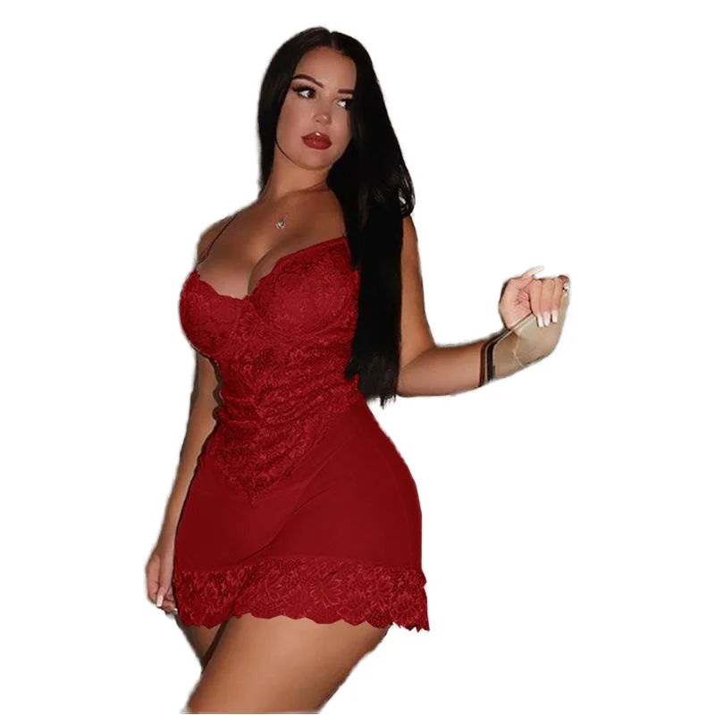 2024 Hot Selling ODM Sexy Babydoll Plus Size Women's Lace Pajamas Dresses Pattern Polyester Lingerie with V-neck Floral S-5X