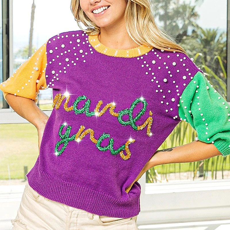 2024 Trendy Queen Of Sparkle Patches Mardi Gras Color Block Pearl Beads Embroidery Sweater