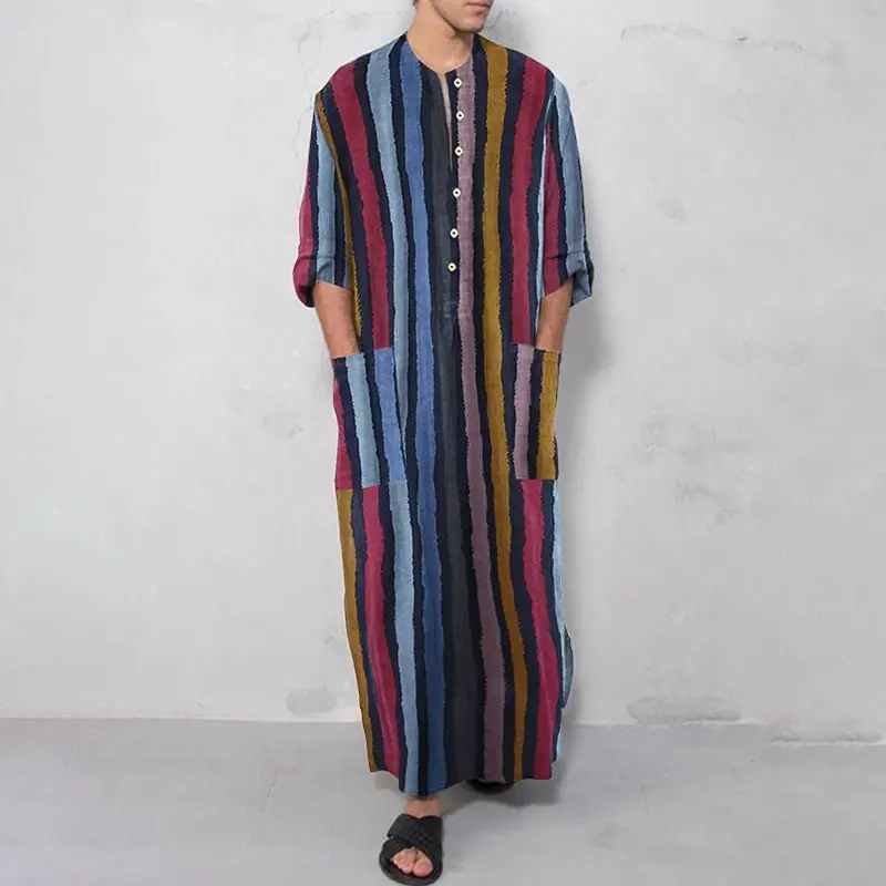 Arab Long Sleeve Islamic Clothing Men Muslim Thobe Thawb Trendy Striped Ramadan Costumes Arabia Abaya Male Kaftan Robe