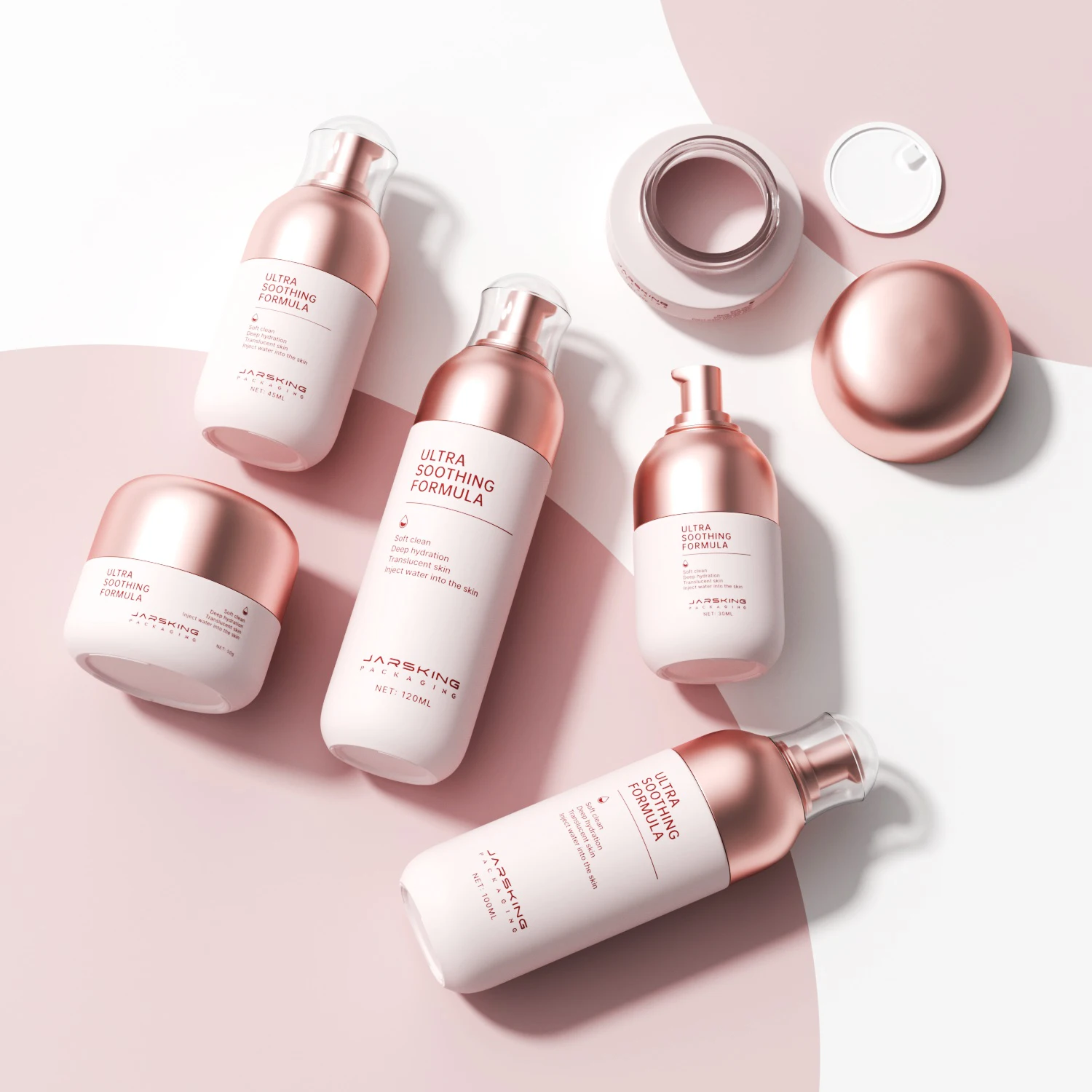 Customized logo beautiful glass cosmetic packaging set 30ml 45ml 100ml 120ml empty luxury skincare lotion pump bottle and jar