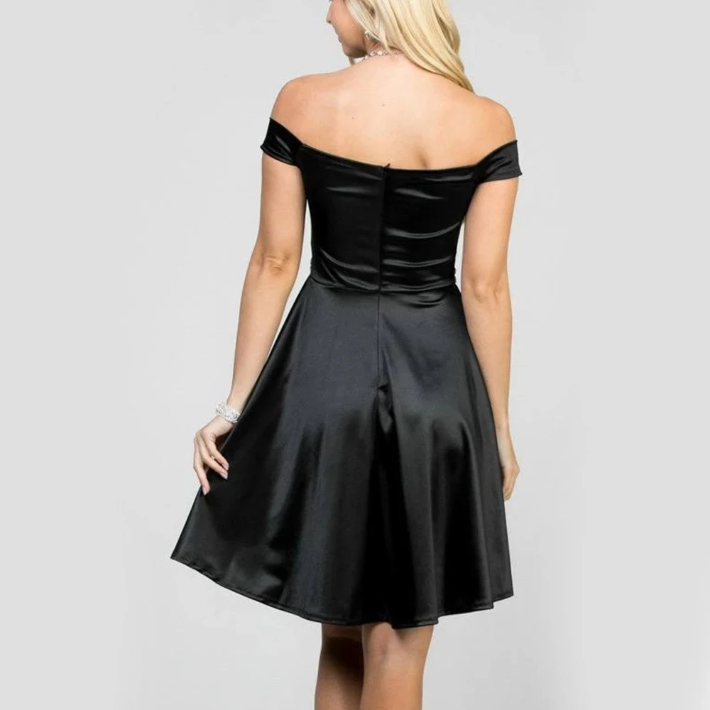 2021 Fit and Flare Satin Off Shoulder Ladies Women Wedding Bridesmaid Short Blue Dresses