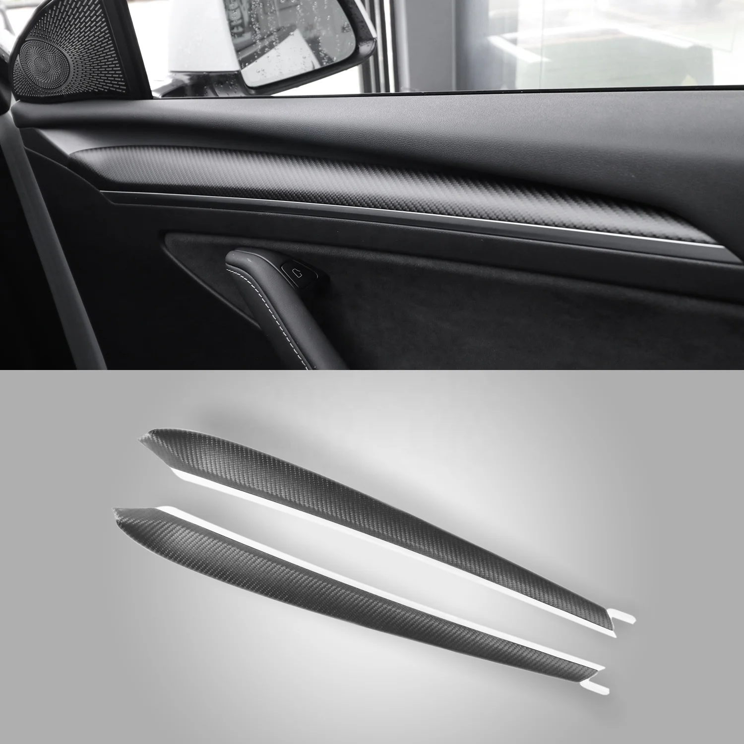 Hansshow Model 3 Y Interior Front Door Panel Cover Trim & Carbon Fiber Dashboard Cover Replacement For Tesla 2017-2022