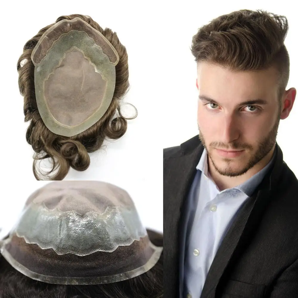 Wholesale Brazilian Virgin Cuticle Aligned Hair Lace Thin Skin Glue Men wigs 100% Human Hair Toupee for Men