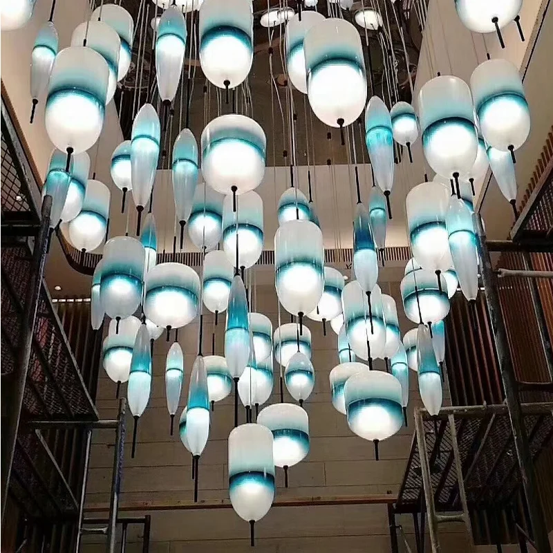 Simple Nordic style Luxury blue glass pendant light high ceiling LED 7W glass modern chandelier for hotels bar