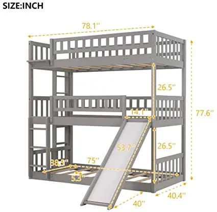 
Separable Triple Bunk Bed with Slide and Ladder Loft Twin Over Twin Bed Frame for Kids 