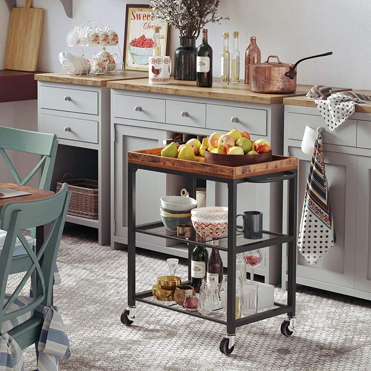3-tier metal rolling utility cart with handle wheels folding trolley cart for home kitchen black