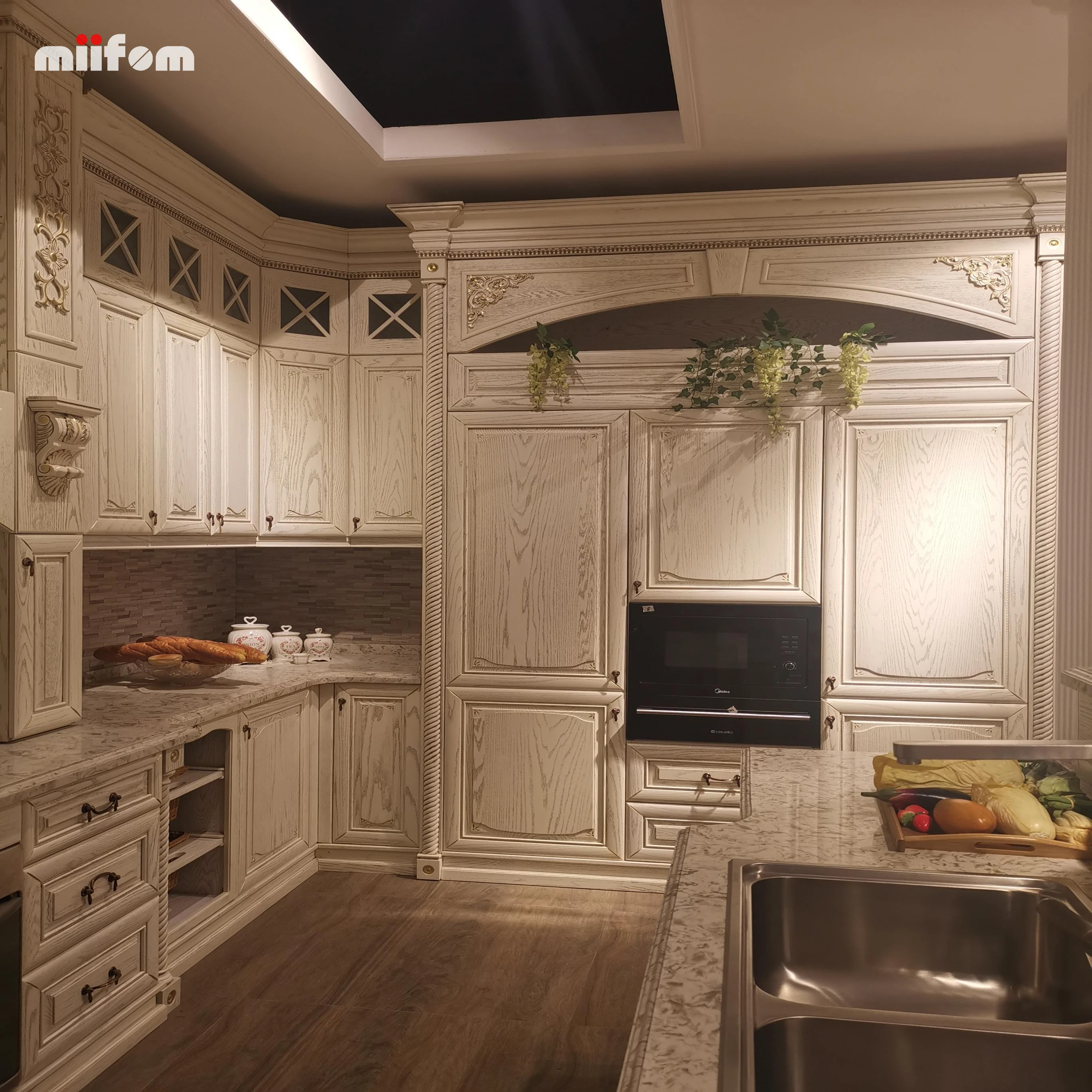 Victorian style European antique white wood grain lacquer kitchen cabinets