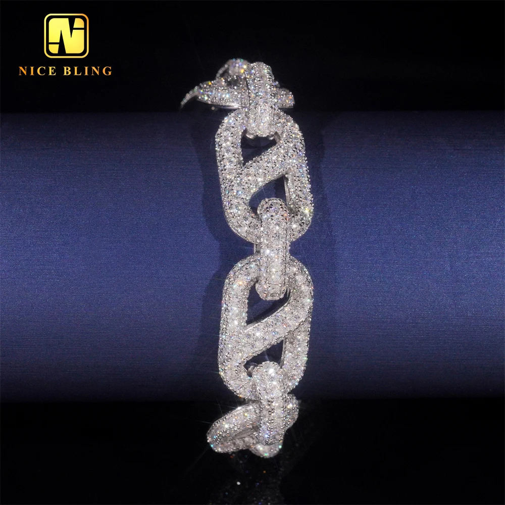 New style Hip Hop Rapper Style 15mm Fully Iced Out 925 Silver Mens Moissanite Infinity Cuban Link Bracelet