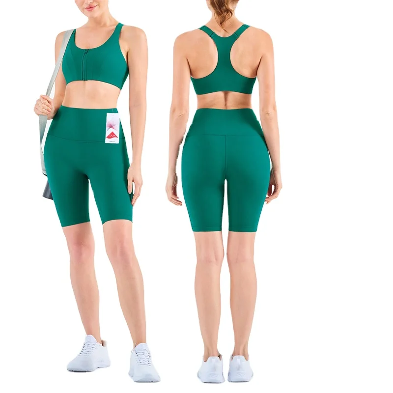 Tik Tok High Impact Front Zipper Sport Bra Biker Shorts Sets Women Fitness Yoga Wear