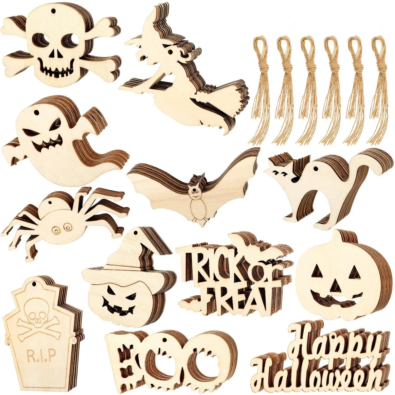 Halloween Wooden Cutouts Supplies Wooden Ornaments For the Party Halloween Decorations With Twine