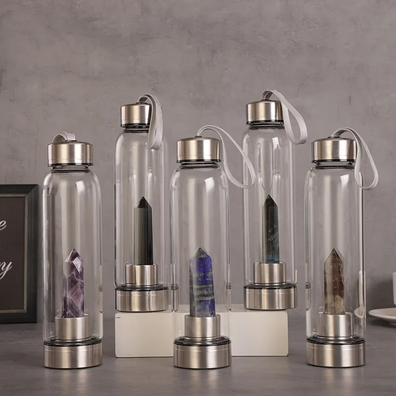 Madou Eco Friendly Reusable Gemstone Cup Fruit Infuser Sports Gem Infused Glass Healing Elixir Crystal Gemstone Water Bottle