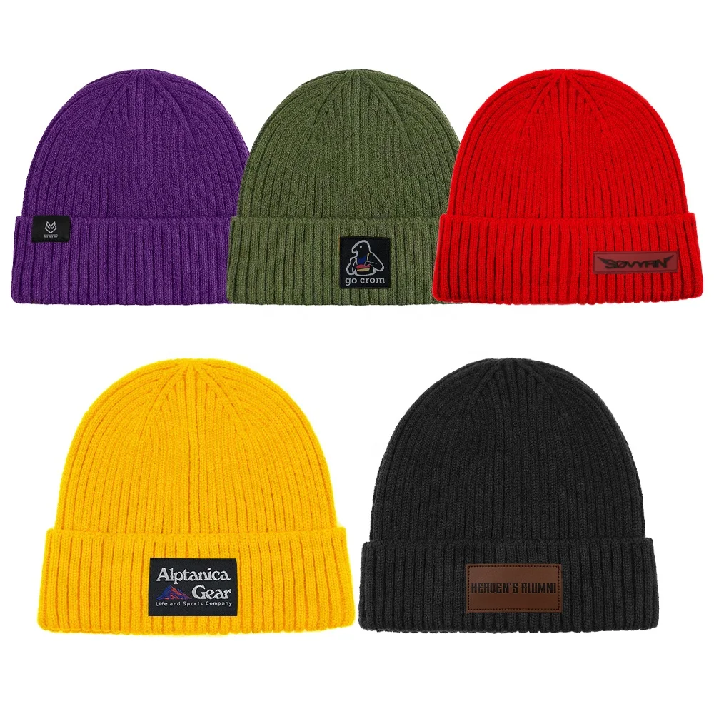 OEM fashion colorful acrylic rubber patch leather tag winter cap for women men plain beanie hat with custom woven label logo