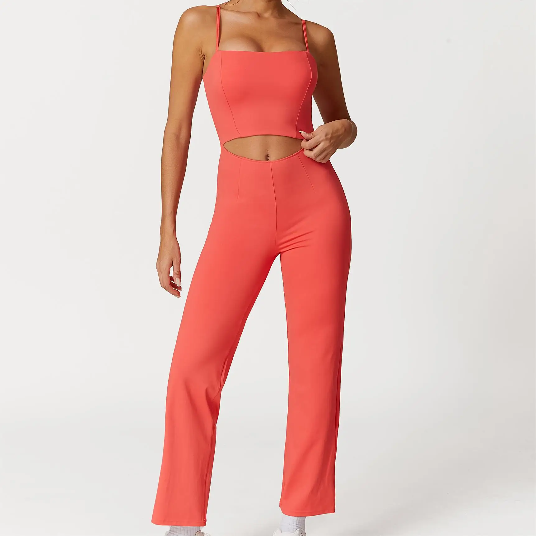 Hollow Bodycon Rompers One Piece Custom Private Label Detachable Cups Burn Fat Bodysuit Flare Pants Jumpsuit Slimming Looking