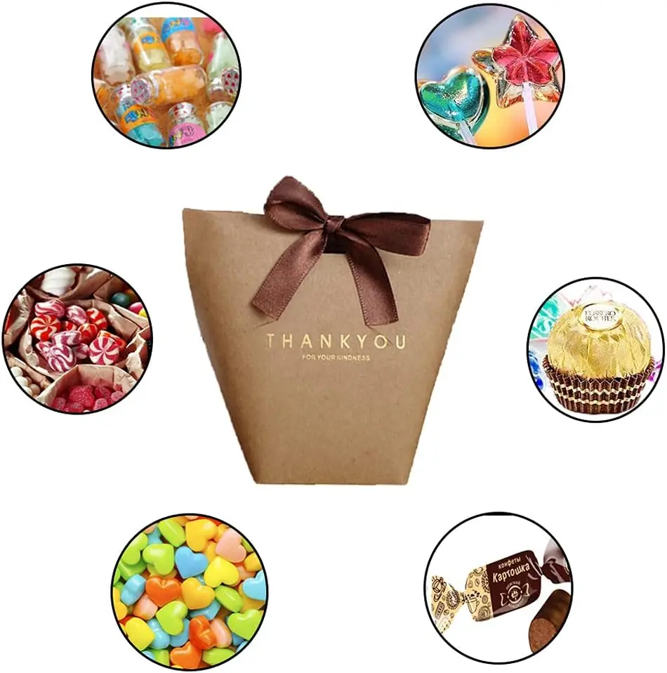 Kraft Paper Luxury Ribbon Gift Candy Chocolate Bag  With Gold Stamping Hot Foil Paper Bag For Gift