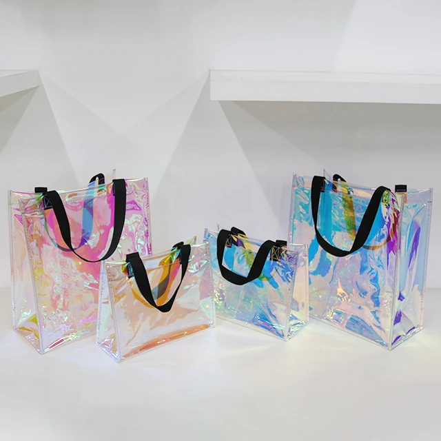 Прозрачные сумочки на заказ, модная прозрачная голографическая Сумка-тоут из ПВХ для покупок