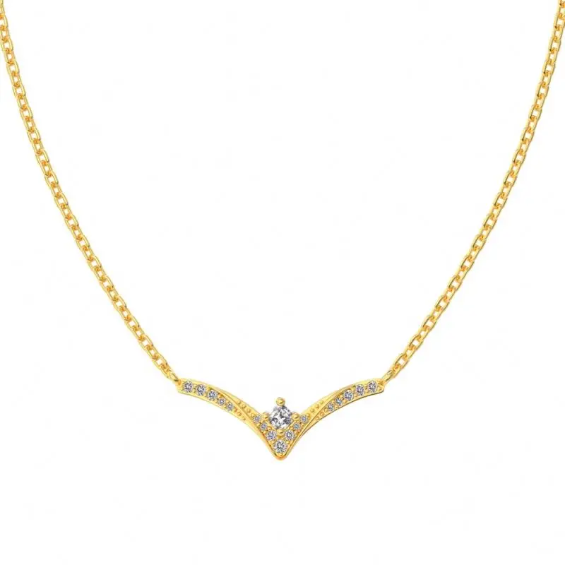 Dylam Geometric Custom 18K Gold Plated Necklace S925 Sterling Silver Jewelry V Shaped Cz Cubic Zircon Heart Necklaces For Women