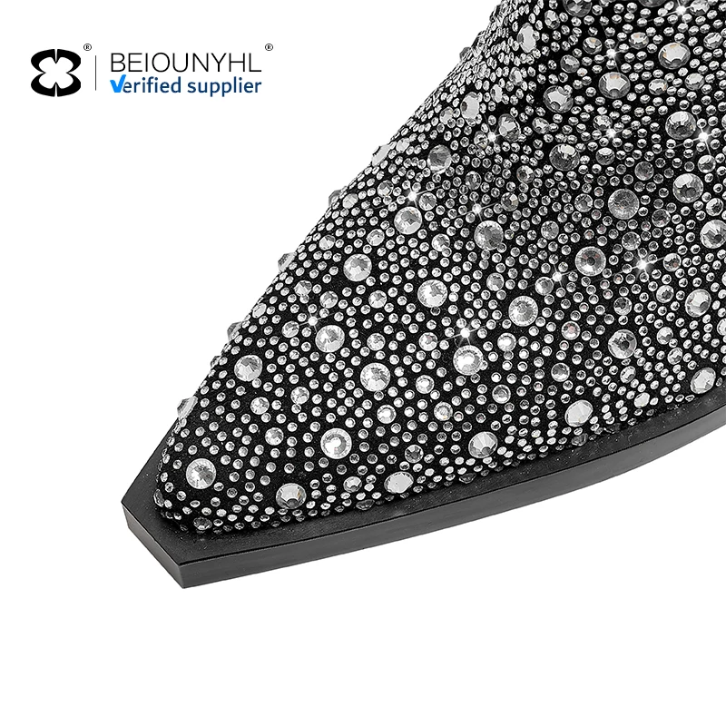 2024 New Ladies Rhinestone Western Pointed Toe Wedge Heel Ankle Boots Women Shoes Black Suede Block Heel Wide Calf Booties