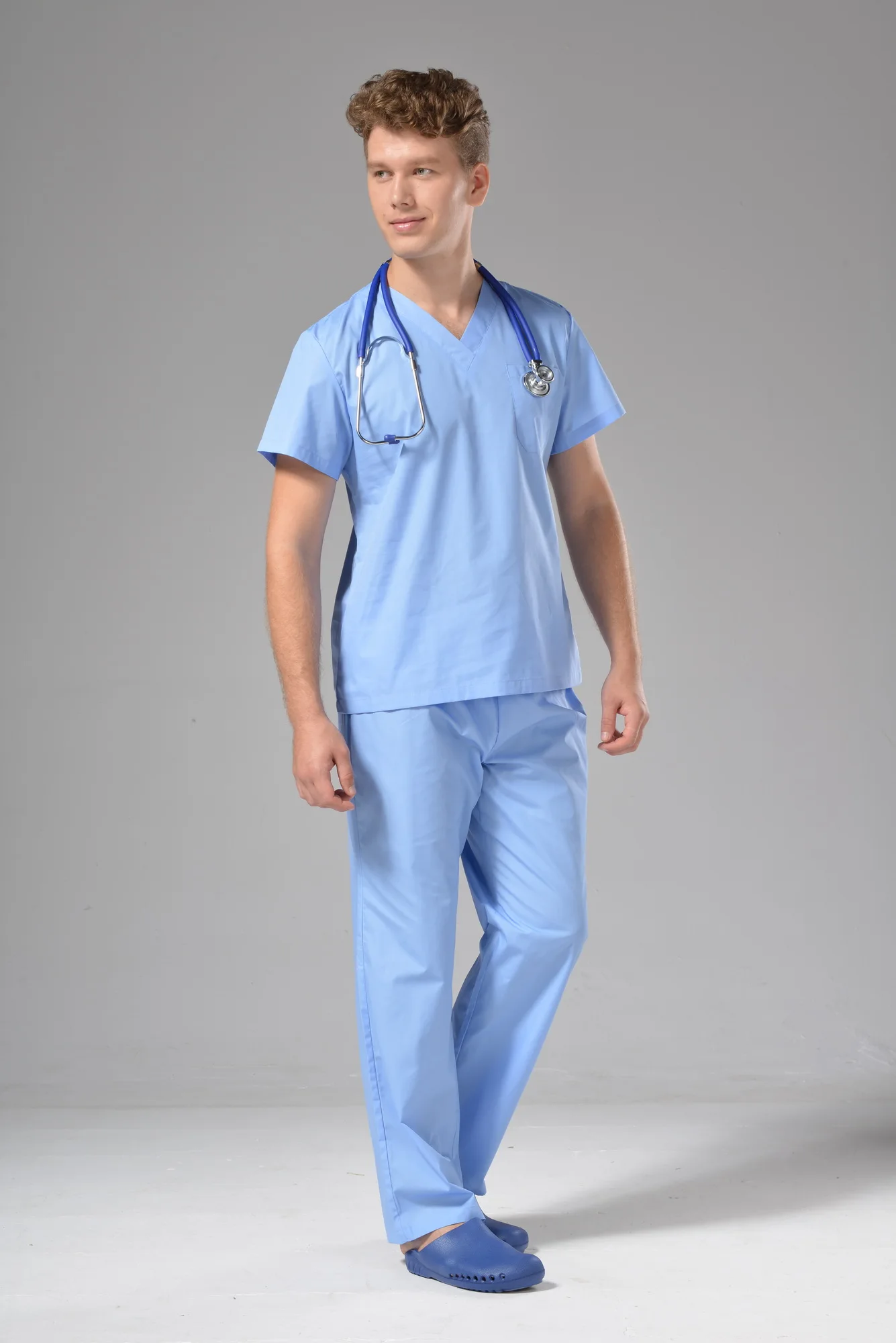 FUJU Medical Scrubs Unisex V Neck Nurse Uniform Anno Medical Scrub Uniform Cyan OEM Spandex HEN Time Lead Fabric Doctor Support