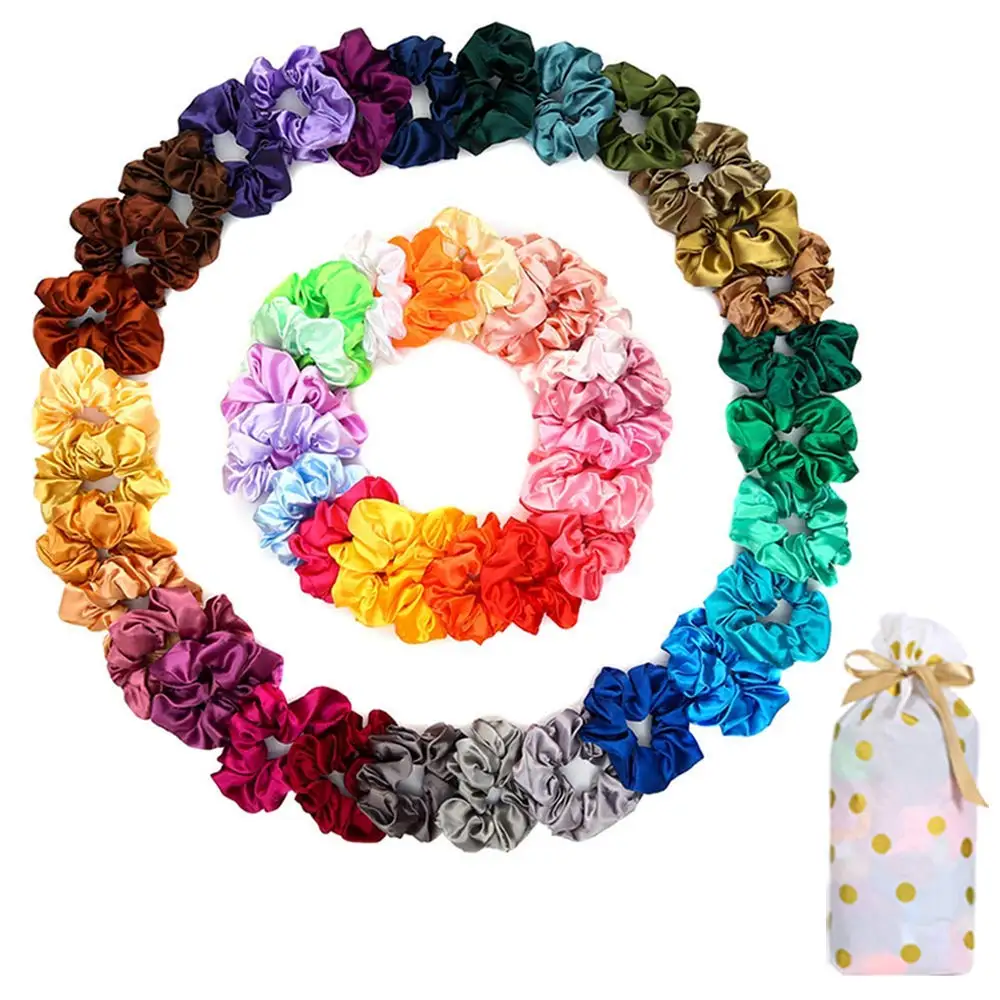 Factory Custom Design Logo Printed Assorted Colors Silk Satin Elastic Hair Ties Red Scrunchies