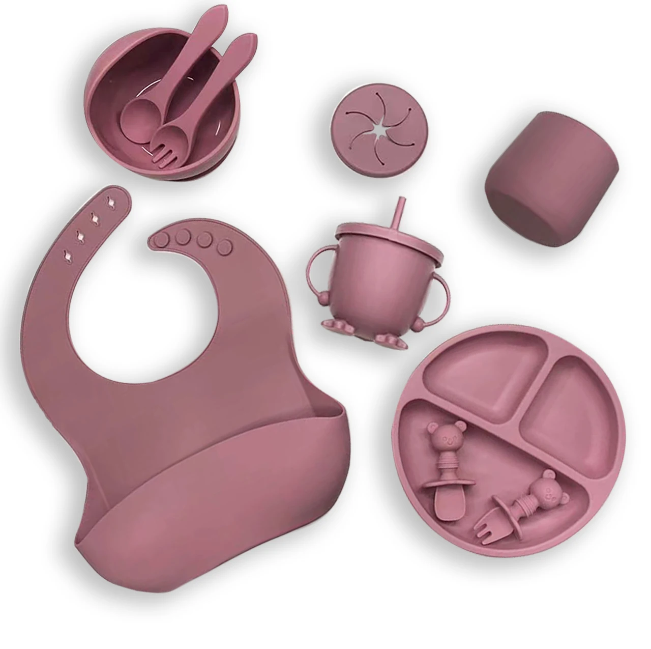 New Arrival Eco-friendly Non-toxic Kids Silicone Tableware Feeding Set Suction Bowl Spoon Set Feeding Bib Baby Silicone Bowl