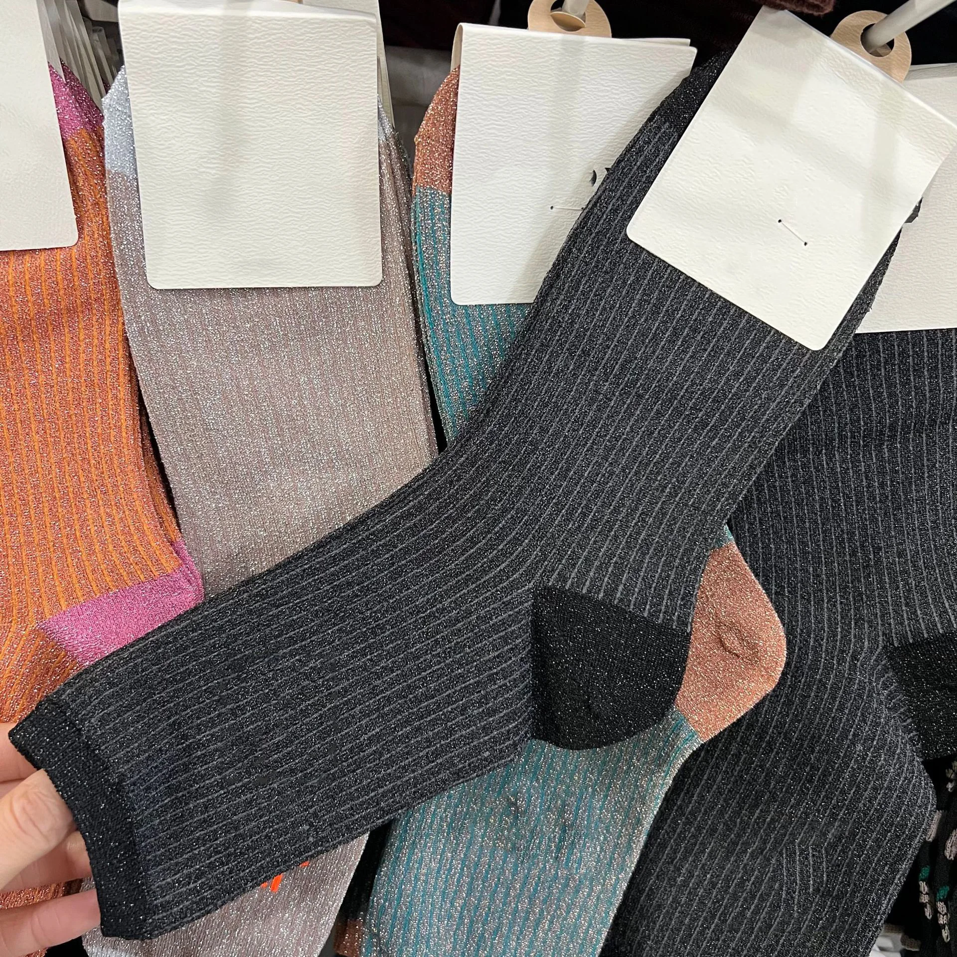 Solid color golden silver yarn made polyester women double cylinder socks