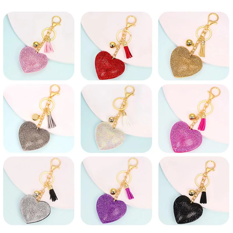 Custom Tassel Pendant Key Chain Korean Velvet Love Heart Shaped Diamond Keychains Pom Pom For Women