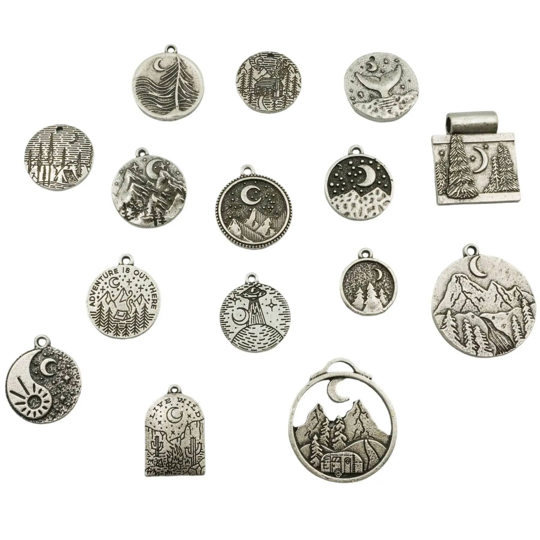 Customized Different Designs Punk style retro antique silver Natural Mountain Moon Stars Tree pendant for Women and men jewelry