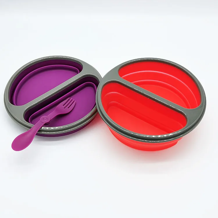 High Quality Round Silicone Collapsible Food Storage Containers Double grid Lunch Box With Plastic Spoon