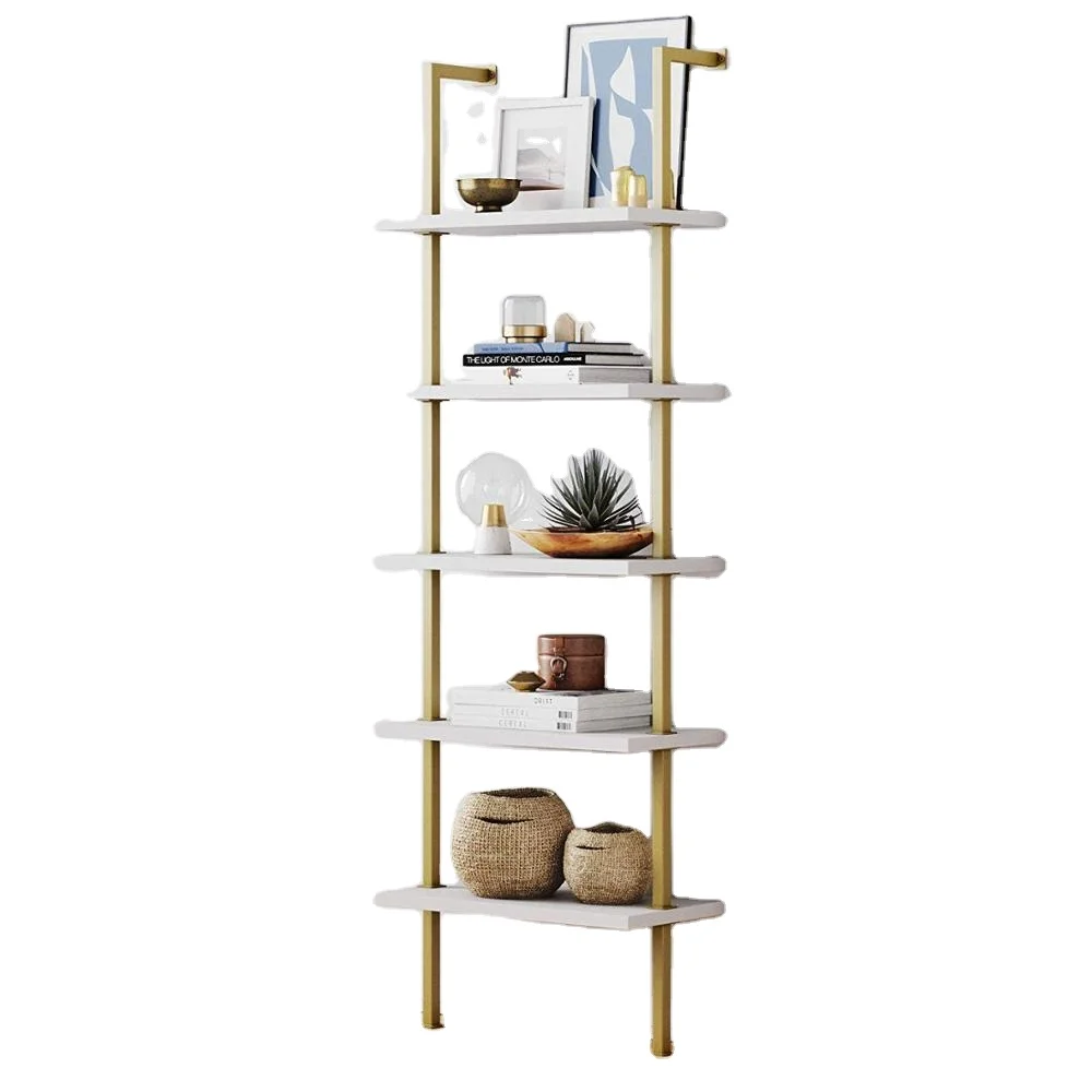 
5-Shelf Ladder Bookcase with Brass Metal Frame Wooden Shelves For Living Room Organizer 