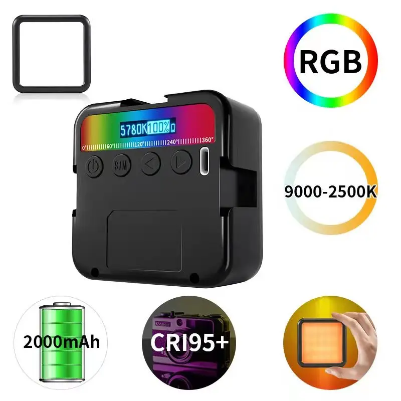 
RGB LED video light 0-359 full-color rechargeable pocket camera built-in video light bi-color 2500-9000K 