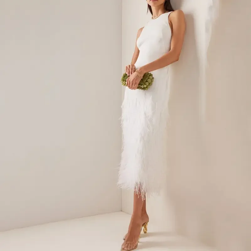 Fashion Women Summer Sleeveless Midi Dress Feather Decoration Pure White Women Mature Unique Clothing Elegant Evening Dresses