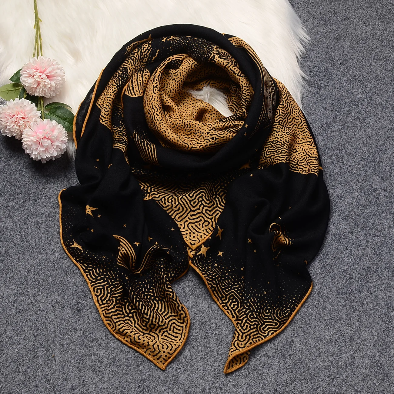 Printed wool  female Muslim scarf Baotou scarf tooth edge Muslim headscarf digital printed square scarf