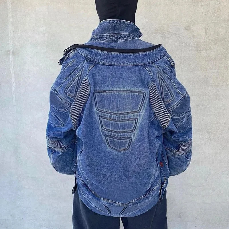 Customized High Quality Zip Up Denim Jacket Oversized Vintage Streetwear Racing Motorcycle Streetwear Jean Denim Jacket Men