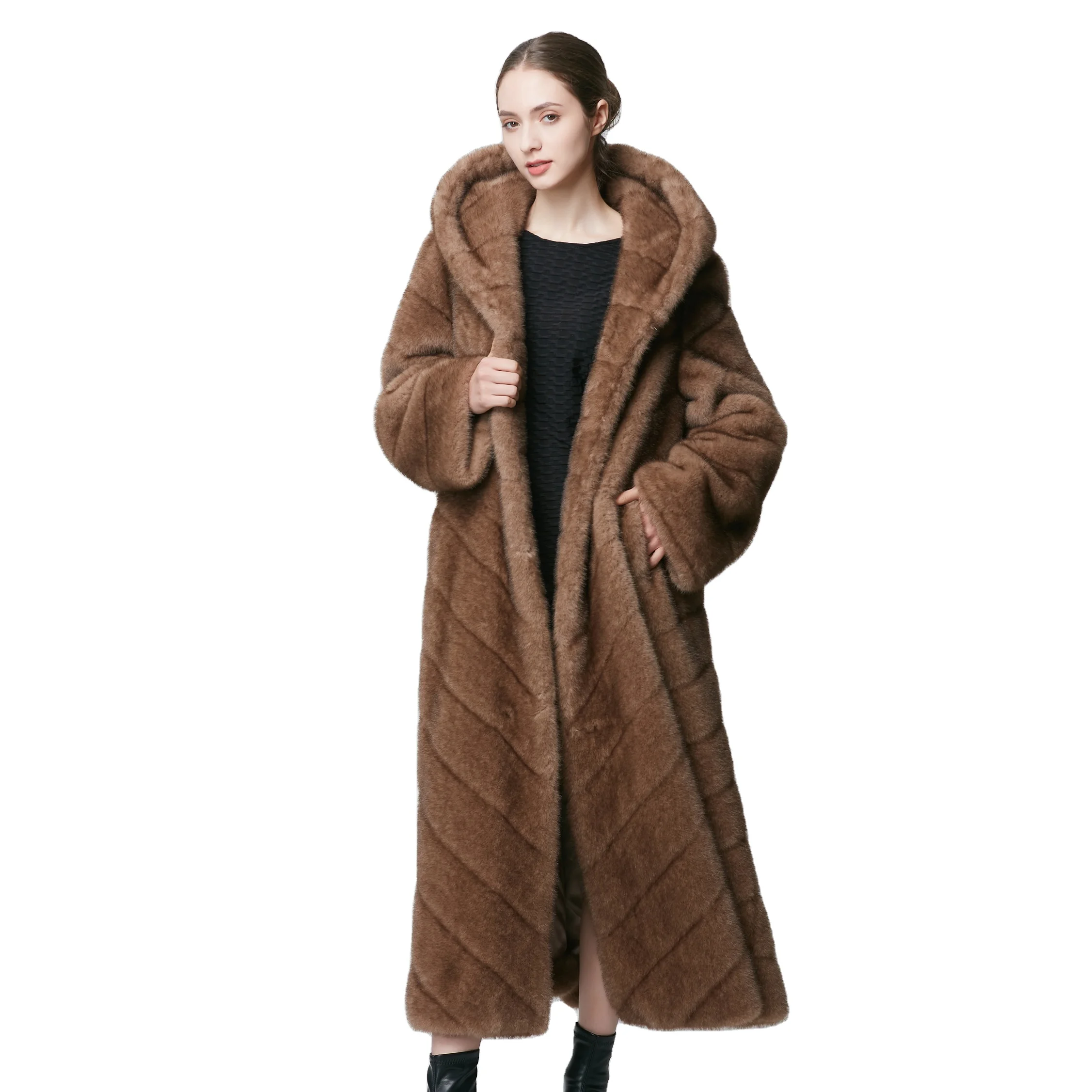 Fashion 2023 Hot Sale Solid Extra Long Faux Sable Mink Fur Hooded Fur Coat Full Sleeve Single Breasted Coat Parka