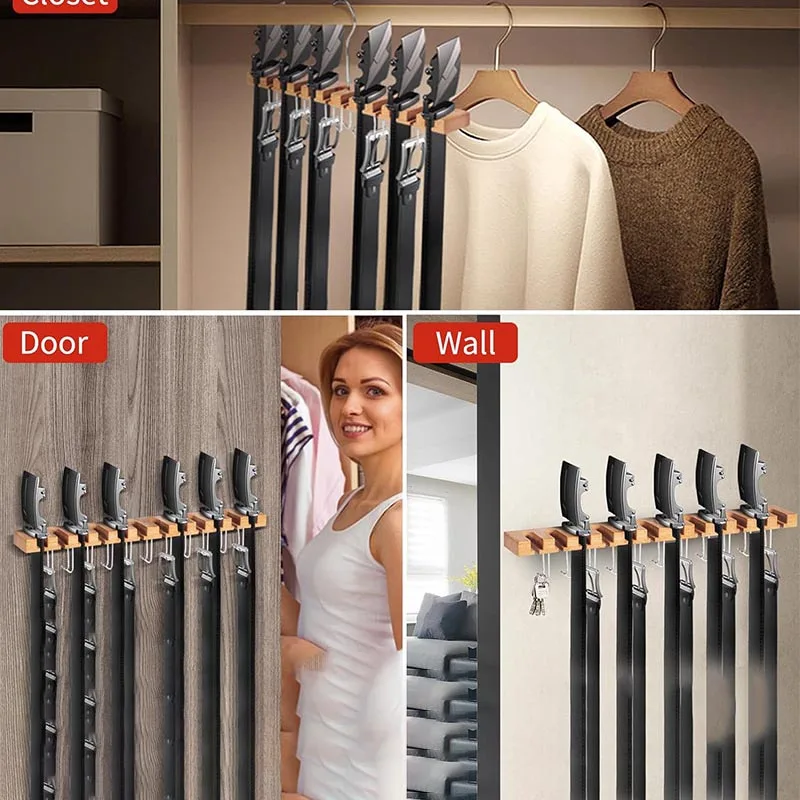 DS3736 Wall Mount Belt Rack Space Saving Ties Organizer Wooden Tie Rack Tie Hanger Walnut Wood Belt Hanger for Closet