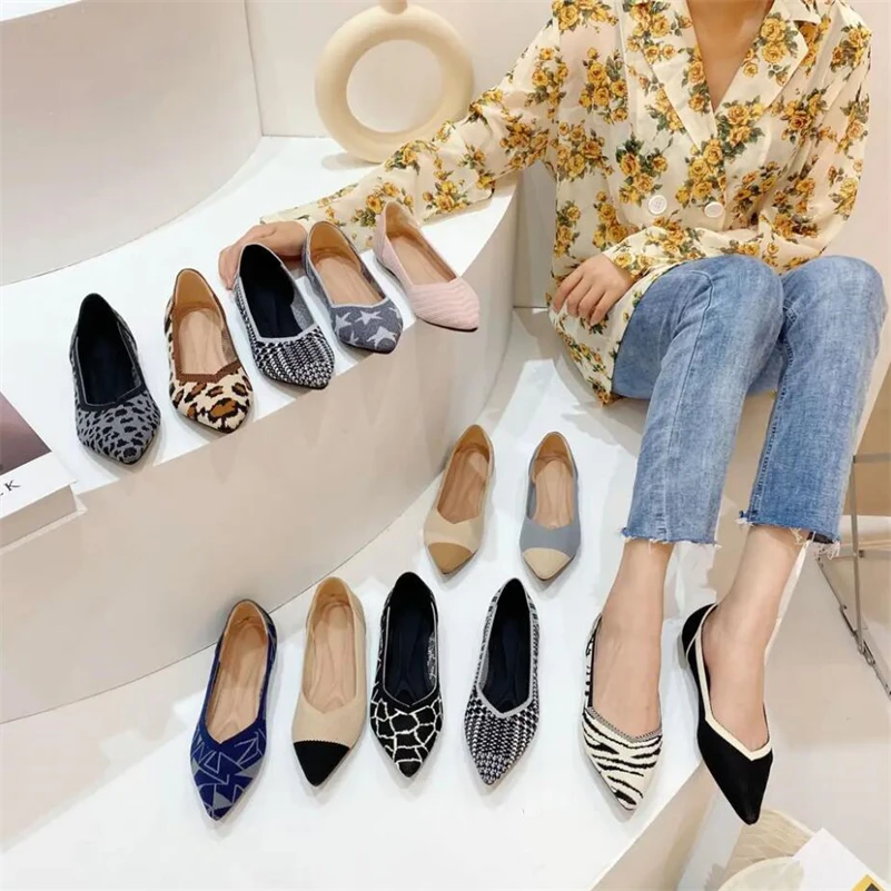 High Quality Women Trendy Lady Flying Woven Shallow Pointed Toe Flat Shoes Loafers Soft Sole Knit Boat Shoes