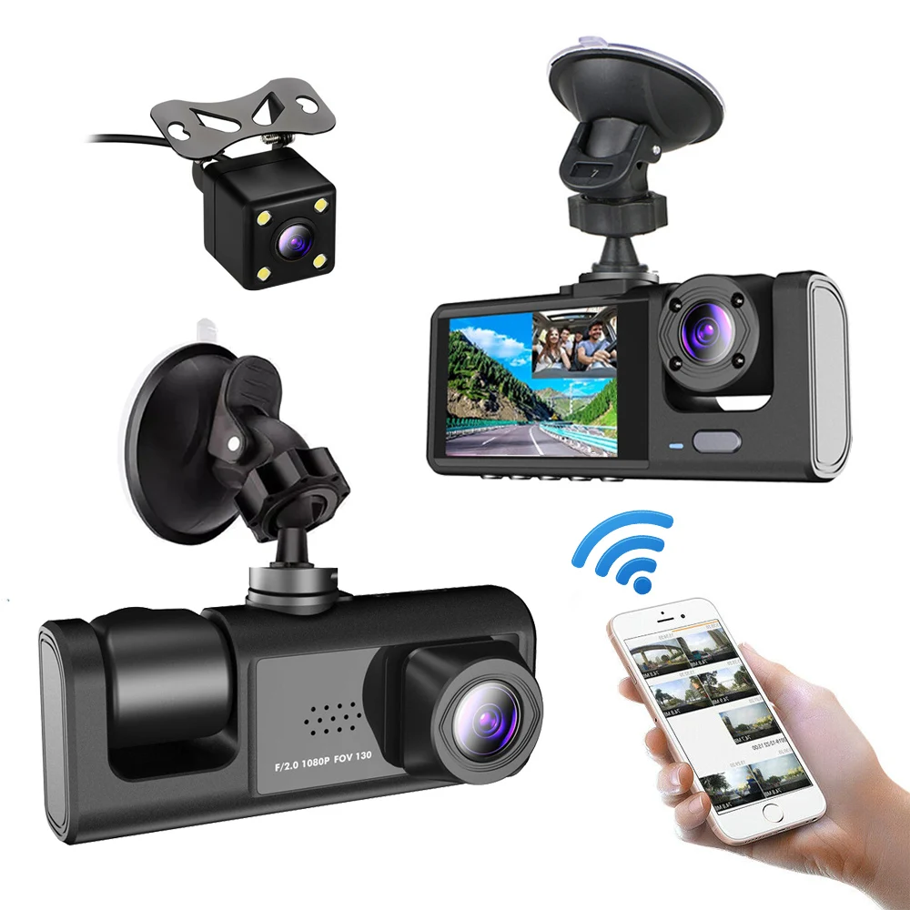 3 Channels Car Black Box Wifi Dash Cam 1080P Full Hd Front Wide Angle IR Inner Reverse Video Recorder Driver Vehicle Camcorder