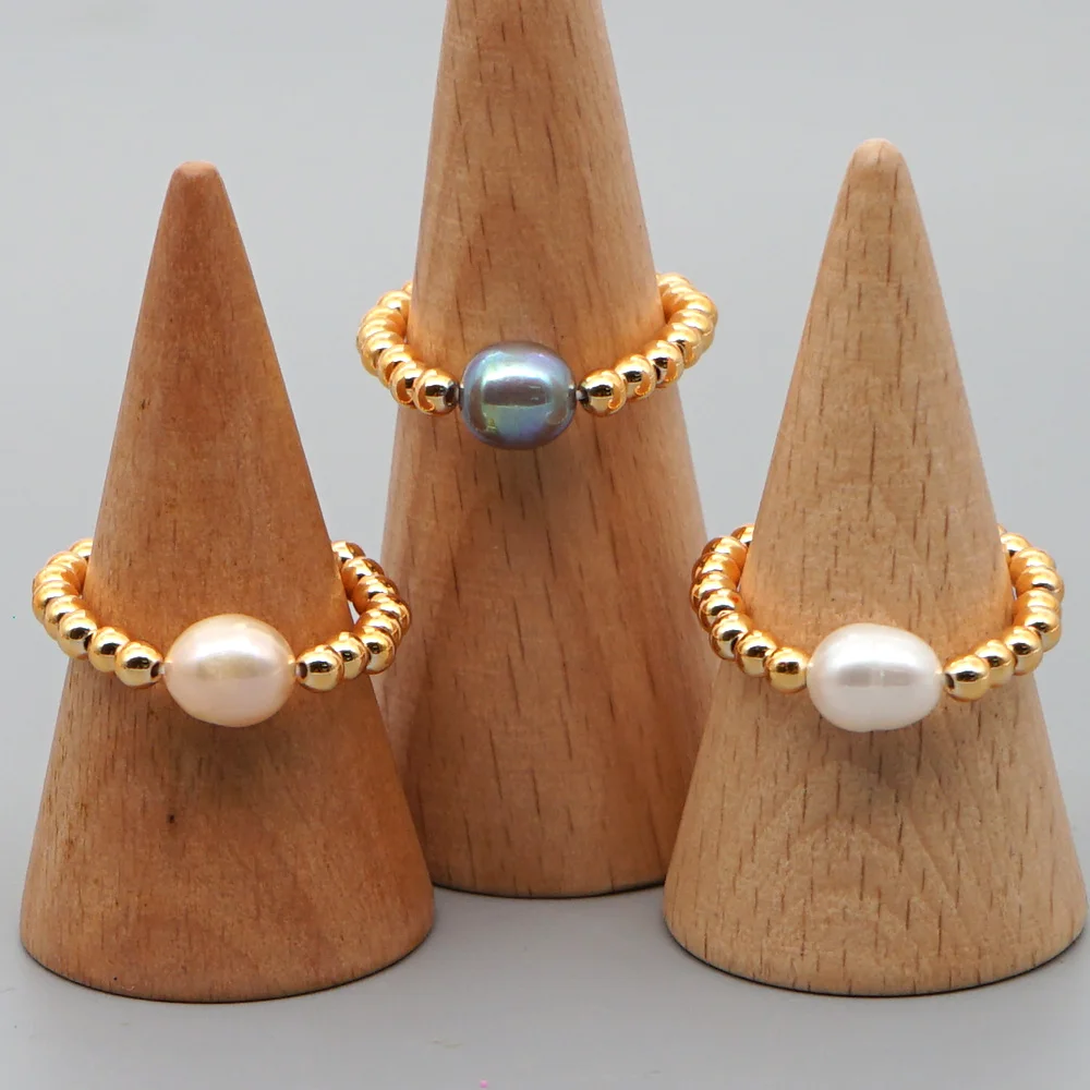New Arrival Boho Girls Jewelry Creative Handmade Jewelry Stretch Elastic 18k Gold Plated Stainless Steel Freshwater Pearl Ring