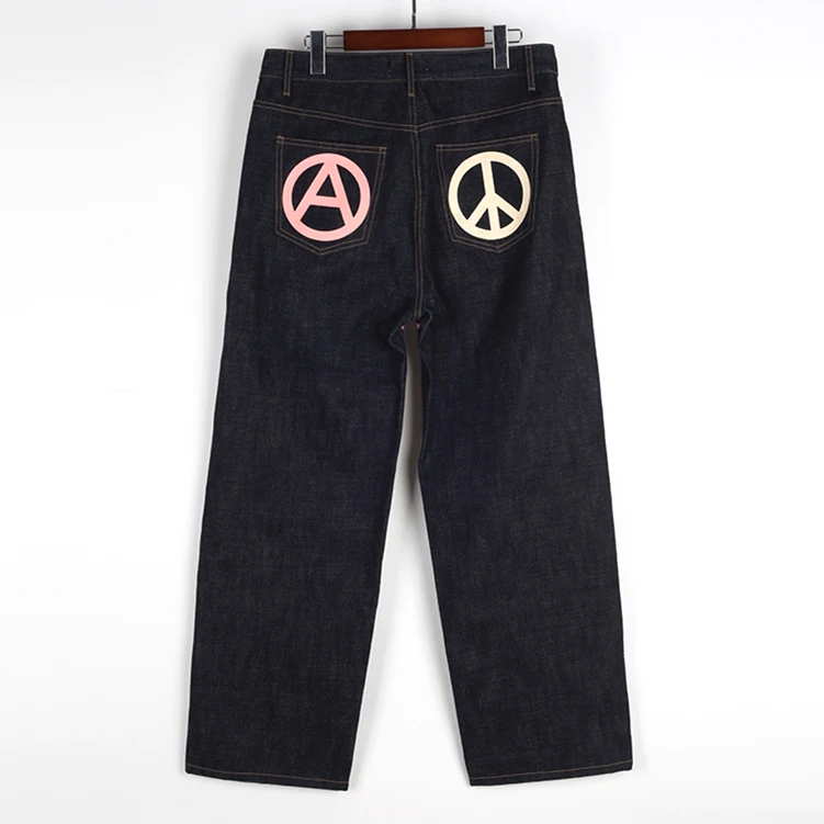 custom selvedge graphic denim jeans baggy straight fit leg black screen printed men jeans