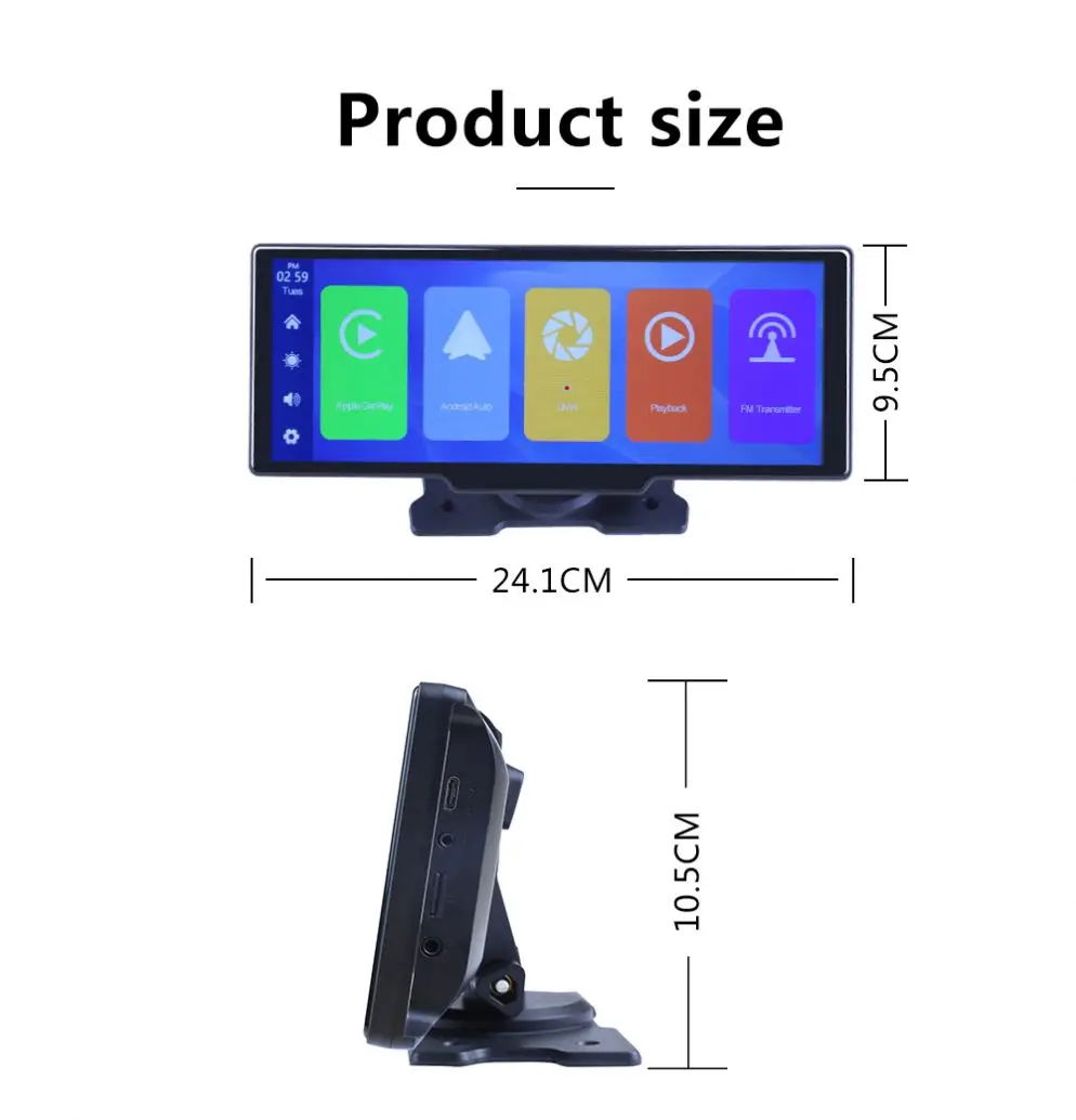 10.26 Inch Wireless CarPlay Monitor IPS Screen Android Auto Touch Screen WIFI FM BT 5.0 Rearview Dash Cam Multimedia Player AUX