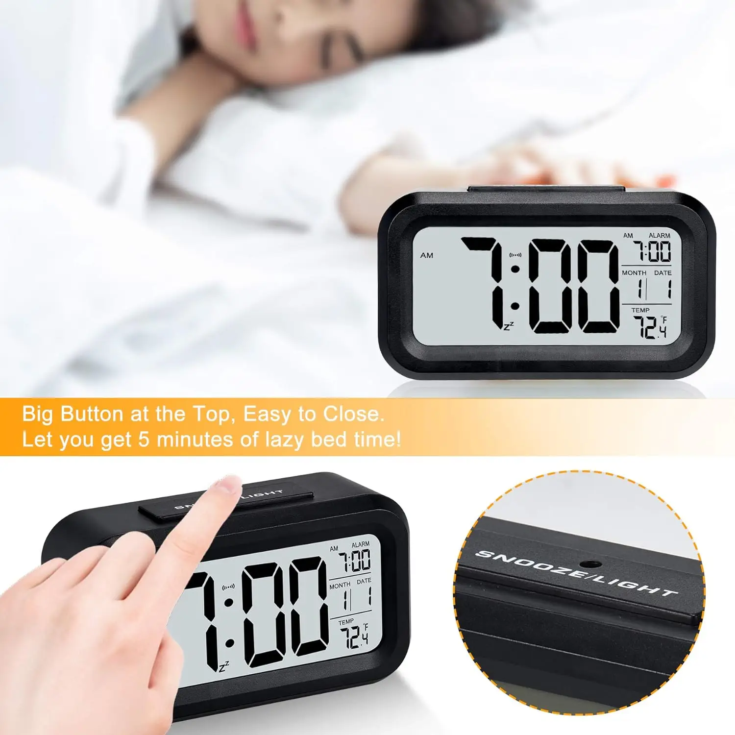 LCD digital clock large display calendar date time and temperature led table desk clock smart night light alarm clock