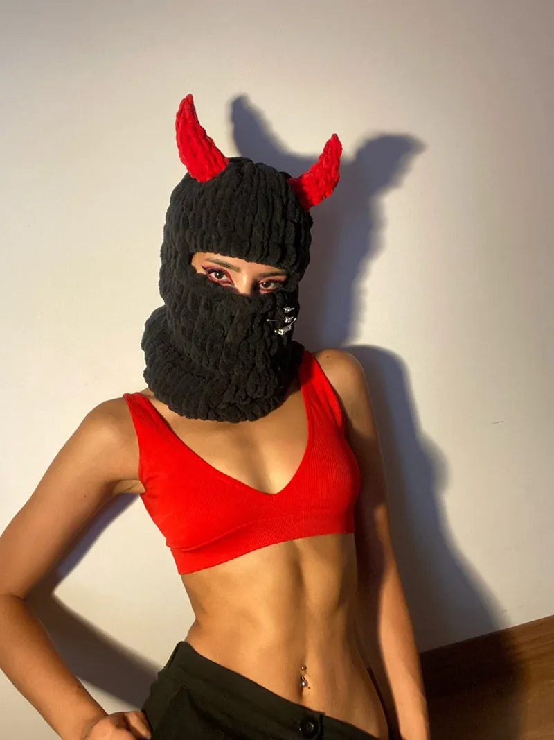 New Handmade Winter Demon Balaclava Hoodie Ski mask Rabbit Ear Girls Woolen Beanie Cap With Neck And Neck Scarf