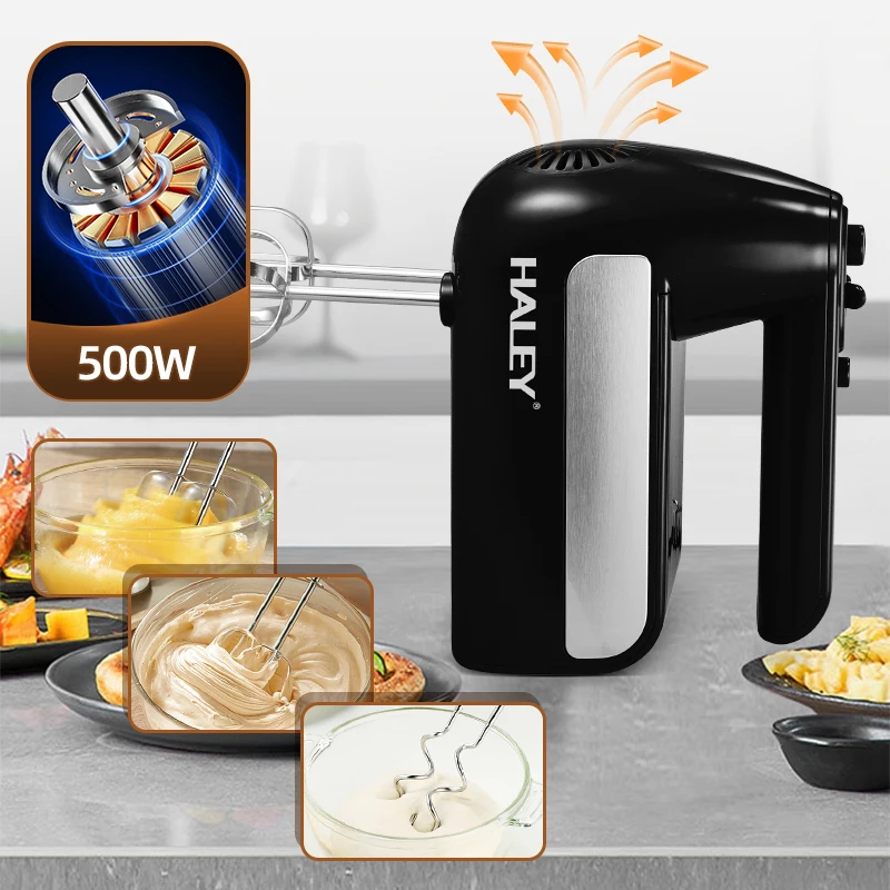 HALEY 5-Speed Manual Hand Mixer 500 Watt Electric Cake Mixer Dough Hooks Wire Whips Egg Beater Portable Mixer