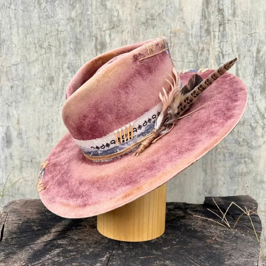 CUSTOM LOGO painting distressed western jazz wide brim pink 100 wool women panama fedora felt hat for women