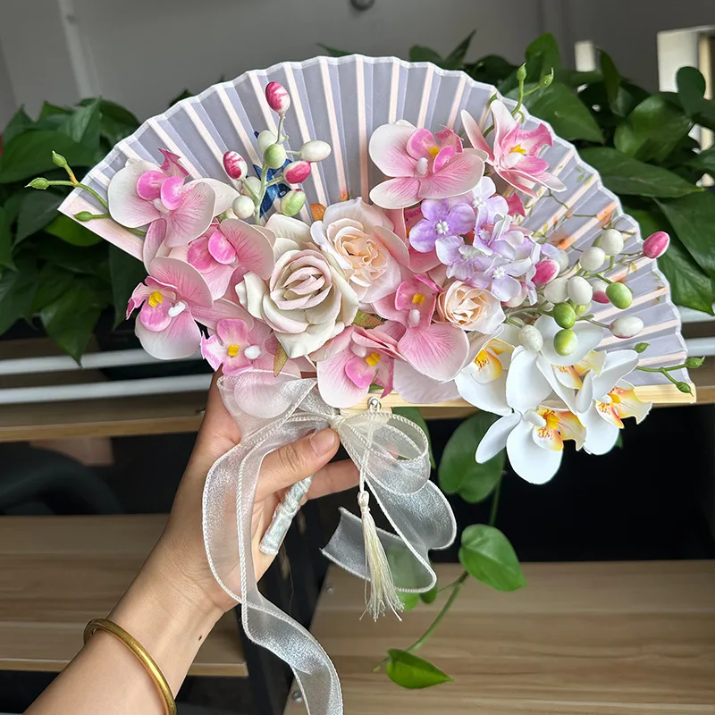 Bridal bouquet Folding Handheld Fan Chinese Style Flower Bridal Hand Fan