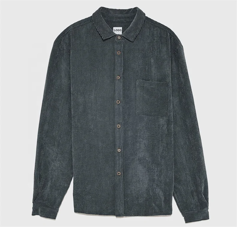 Custom Polyester Corduroy Button Down Shirt Men Spring And Autumn Long Sleeve Mens Pleated Shirt